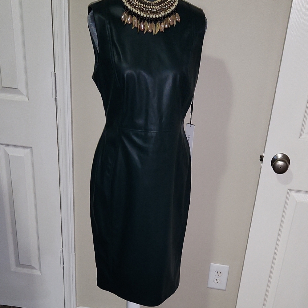 Calvin Klein Dark Forest Green Sleeveless Leather Dress - Picture 2 of 7